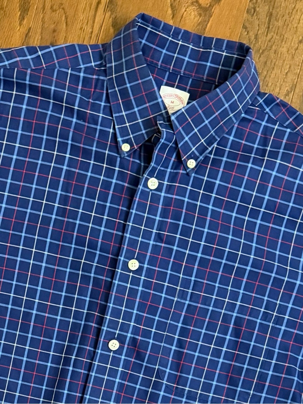 Brooks Brothers Navy Plaid Button-Down Shirt with Light Blue and Red Windowpane